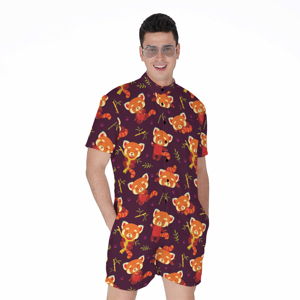Cute Cartoon Red Panda Pattern Print Men's Rompers