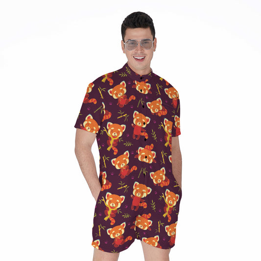Cute Cartoon Red Panda Pattern Print Men's Rompers