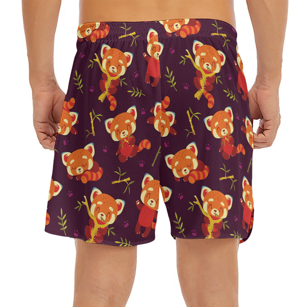 Cute Cartoon Red Panda Pattern Print Men's Split Running Shorts