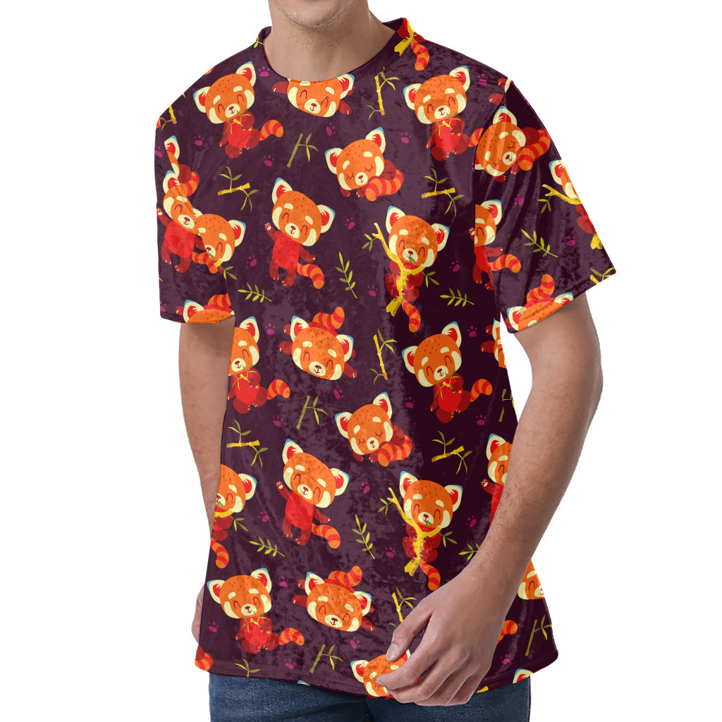 Cute Cartoon Red Panda Pattern Print Men's Velvet T-Shirt