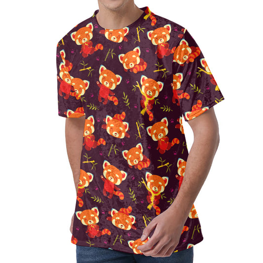 Cute Cartoon Red Panda Pattern Print Men's Velvet T-Shirt