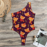 Cute Cartoon Red Panda Pattern Print One Shoulder Bodysuit