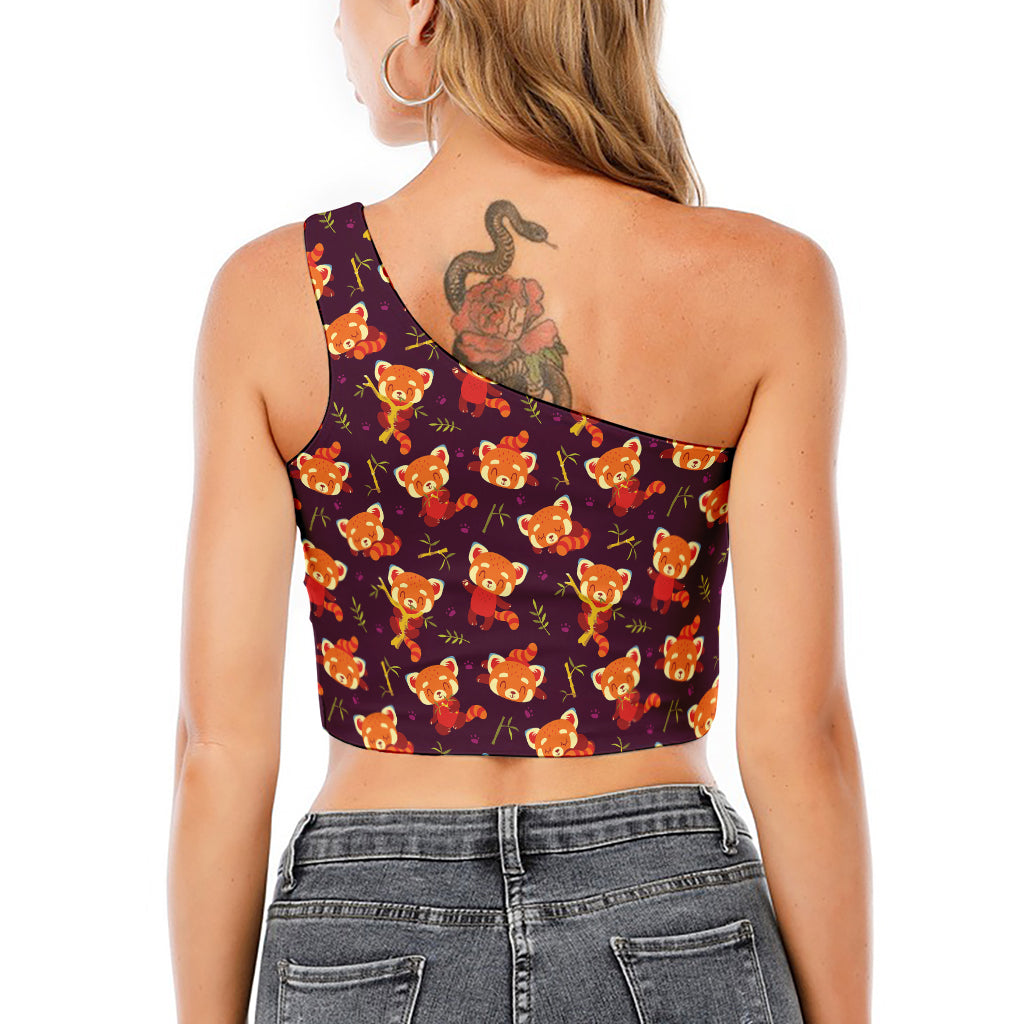 Cute Cartoon Red Panda Pattern Print One Shoulder Crop Top