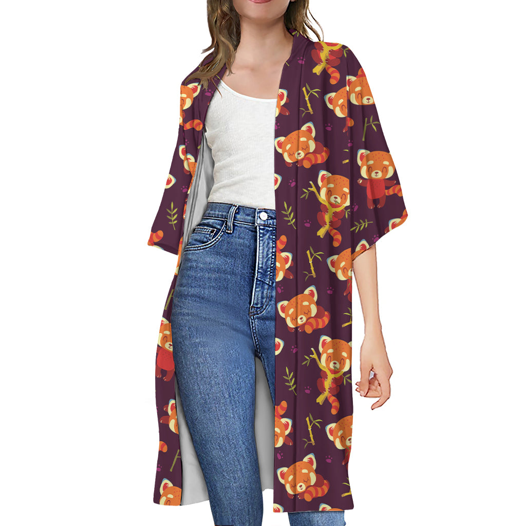 Cute Cartoon Red Panda Pattern Print Open Front Beach Cover Up