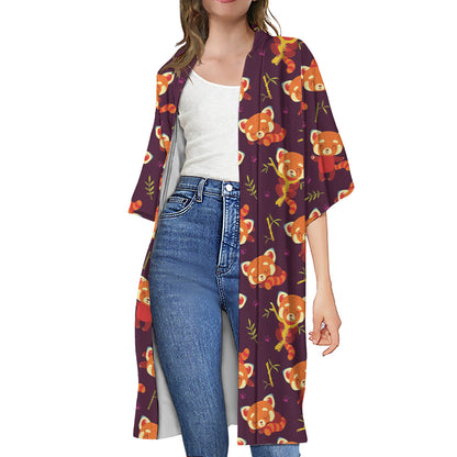 Cute Cartoon Red Panda Pattern Print Open Front Beach Cover Up