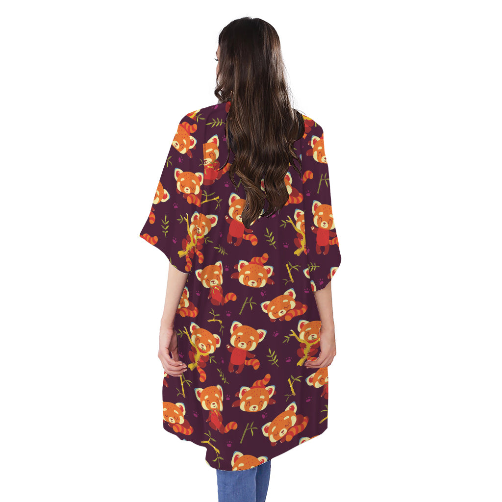 Cute Cartoon Red Panda Pattern Print Open Front Beach Cover Up