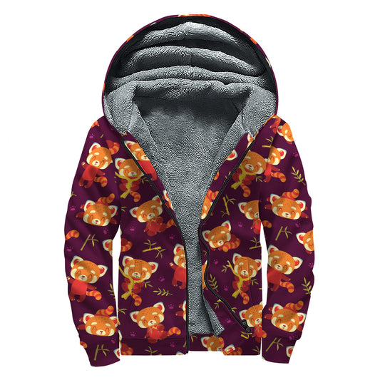 Cute Cartoon Red Panda Pattern Print Sherpa Lined Zip Up Hoodie