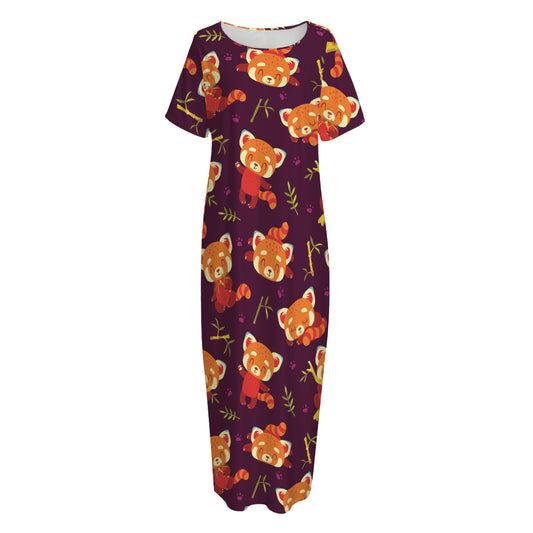 Cute Cartoon Red Panda Pattern Print Short Sleeve Long Nightdress