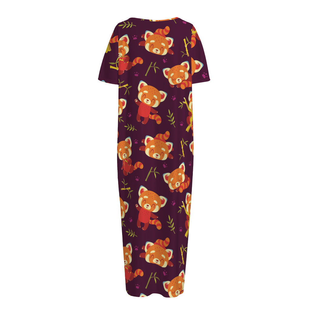 Cute Cartoon Red Panda Pattern Print Short Sleeve Long Nightdress