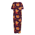 Cute Cartoon Red Panda Pattern Print Short Sleeve Long Nightdress