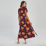 Cute Cartoon Red Panda Pattern Print Short Sleeve Maxi Dress