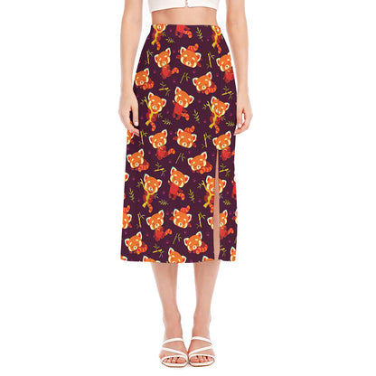 Cute Cartoon Red Panda Pattern Print Side Slit Midi Skirt