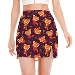 Cute Cartoon Red Panda Pattern Print Side Slit Mini Skirt