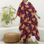 Cute Cartoon Red Panda Pattern Print Silk V-Neck Kaftan Dress