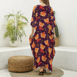 Cute Cartoon Red Panda Pattern Print Silk V-Neck Kaftan Dress