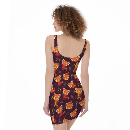 Cute Cartoon Red Panda Pattern Print Sleeveless Bodycon Dress