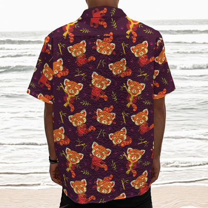 Cute Cartoon Red Panda Pattern Print Textured Short Sleeve Shirt