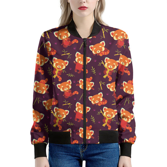 Cute Cartoon Red Panda Pattern Print Women's Bomber Jacket