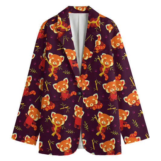 Cute Cartoon Red Panda Pattern Print Women's Cotton Blazer