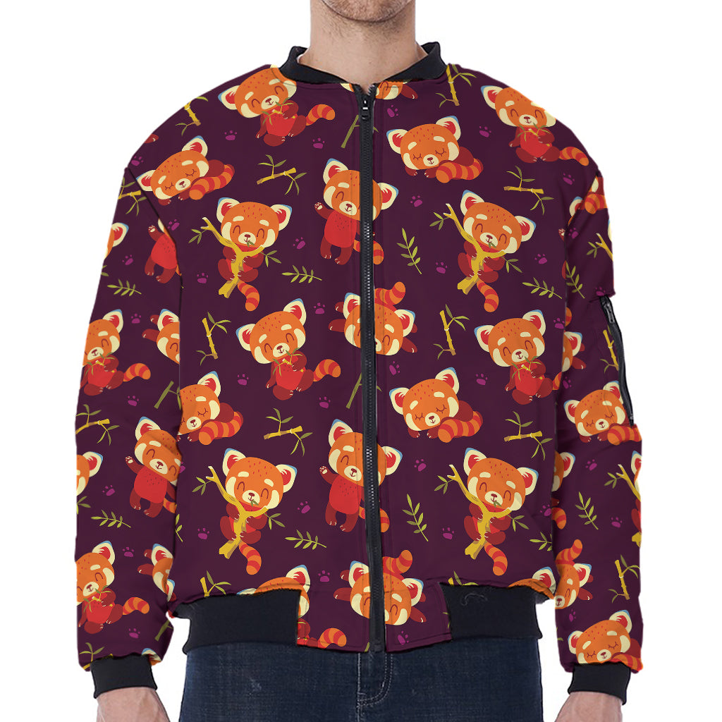 Cute Cartoon Red Panda Pattern Print Zip Sleeve Bomber Jacket