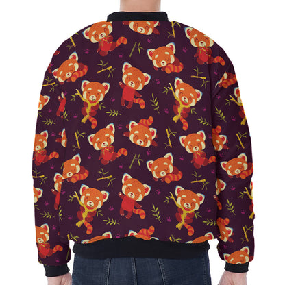 Cute Cartoon Red Panda Pattern Print Zip Sleeve Bomber Jacket