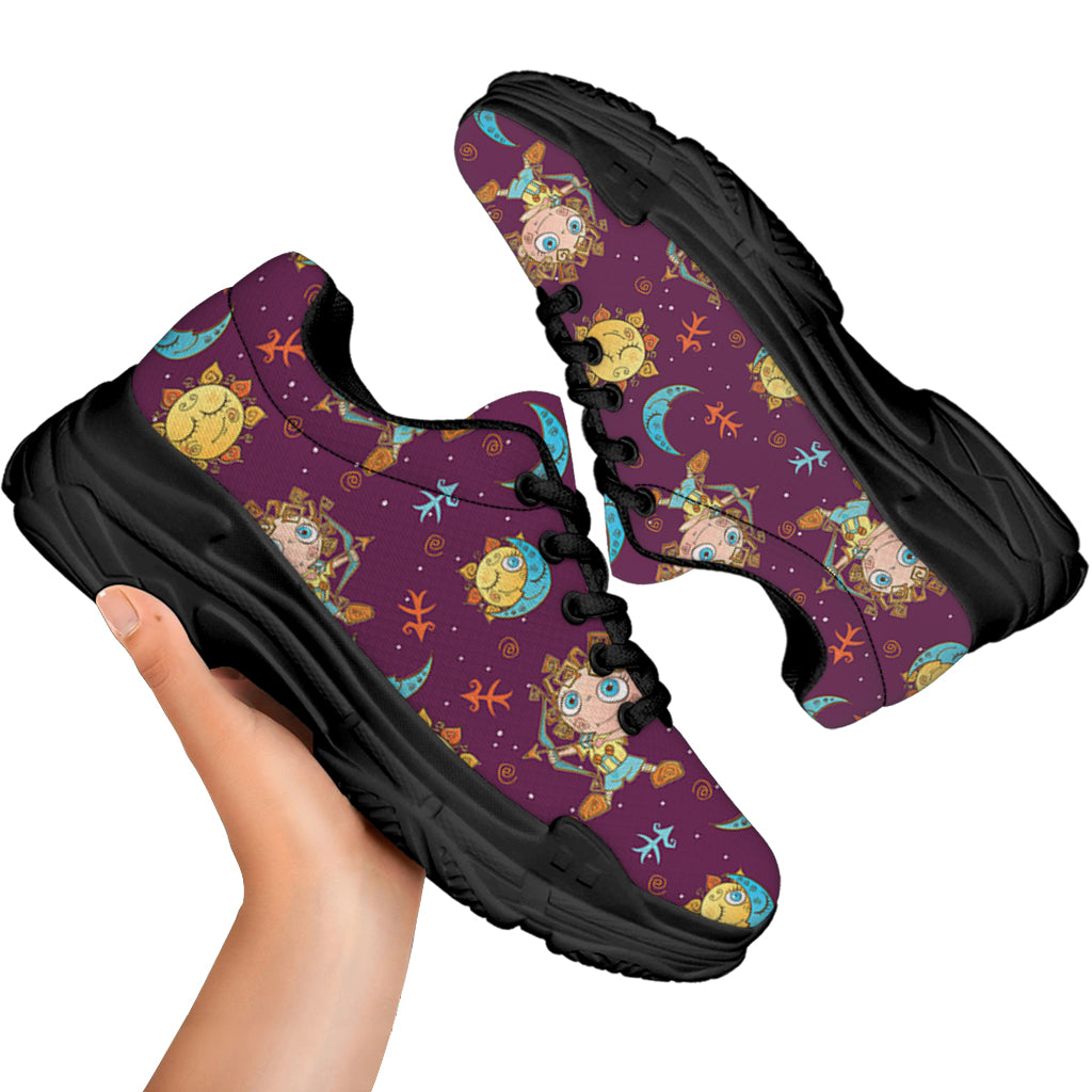 Cute Cartoon Sagittarius Pattern Print Black Chunky Shoes