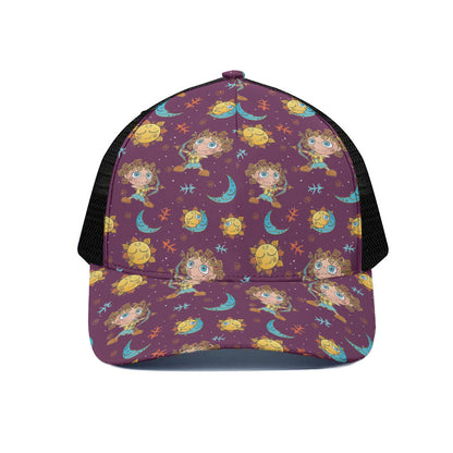 Cute Cartoon Sagittarius Pattern Print Black Mesh Trucker Cap