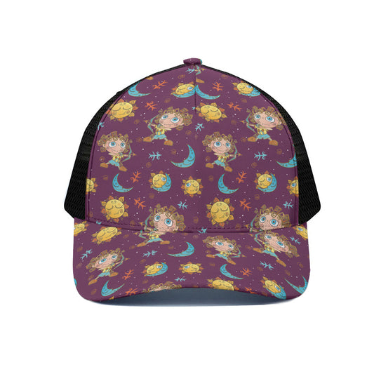 Cute Cartoon Sagittarius Pattern Print Black Mesh Trucker Cap
