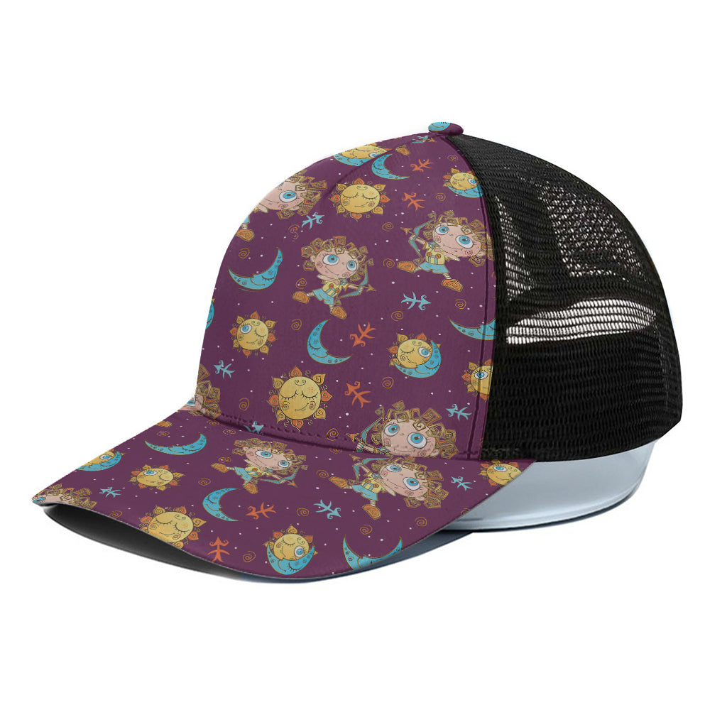 Cute Cartoon Sagittarius Pattern Print Black Mesh Trucker Cap