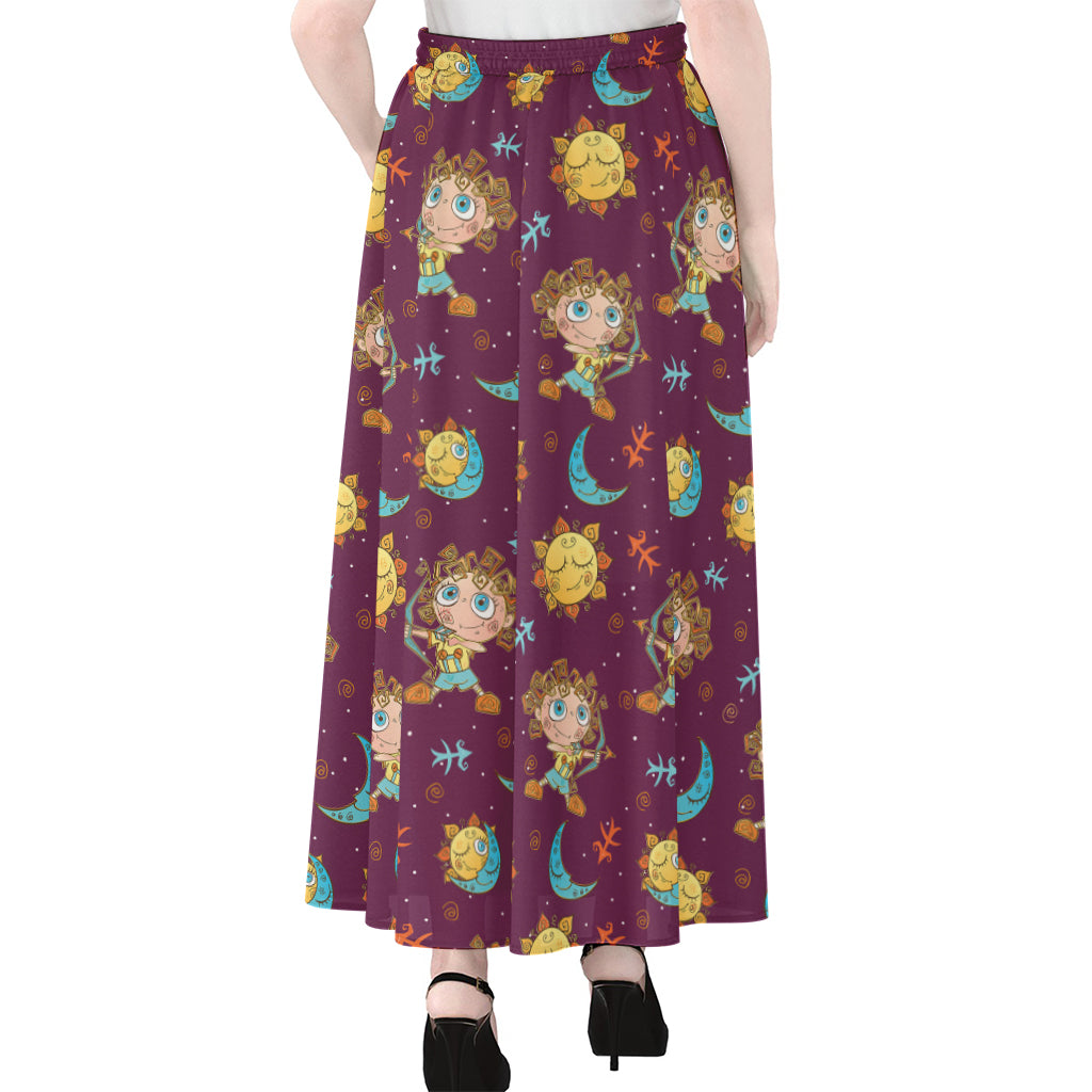 Cute Cartoon Sagittarius Pattern Print Chiffon Maxi Skirt