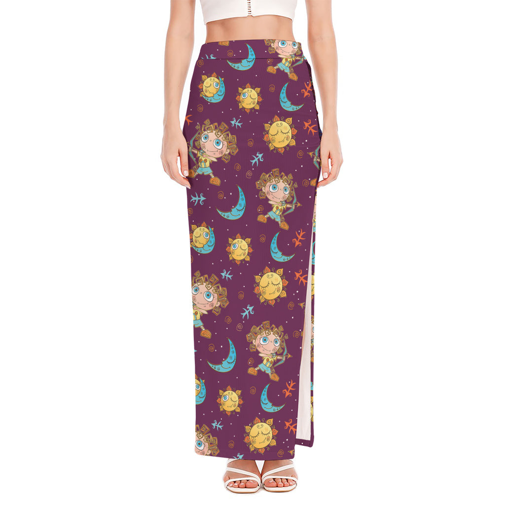 Cute Cartoon Sagittarius Pattern Print High Slit Maxi Skirt