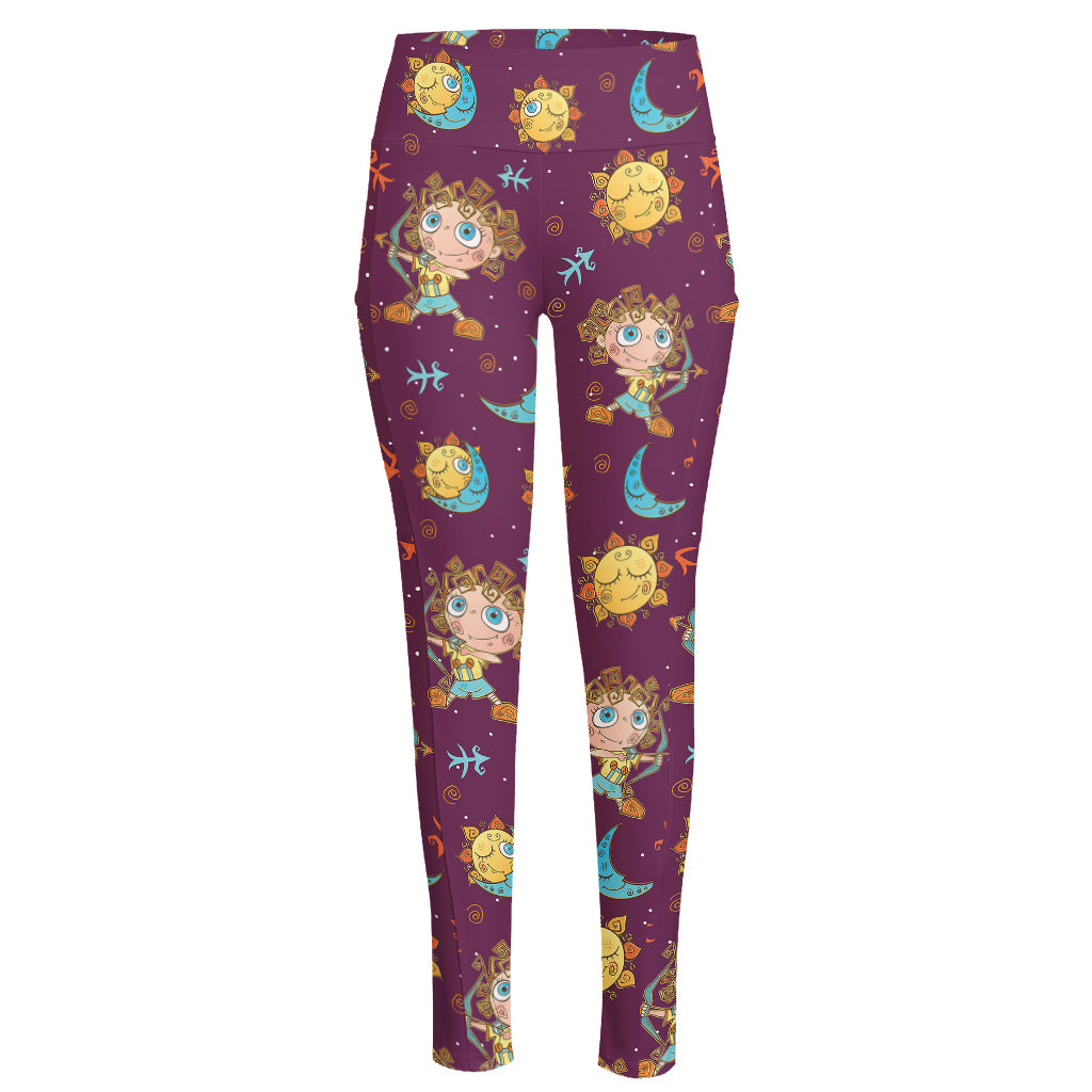 Cute Cartoon Sagittarius Pattern Print High-Waisted Pocket Leggings