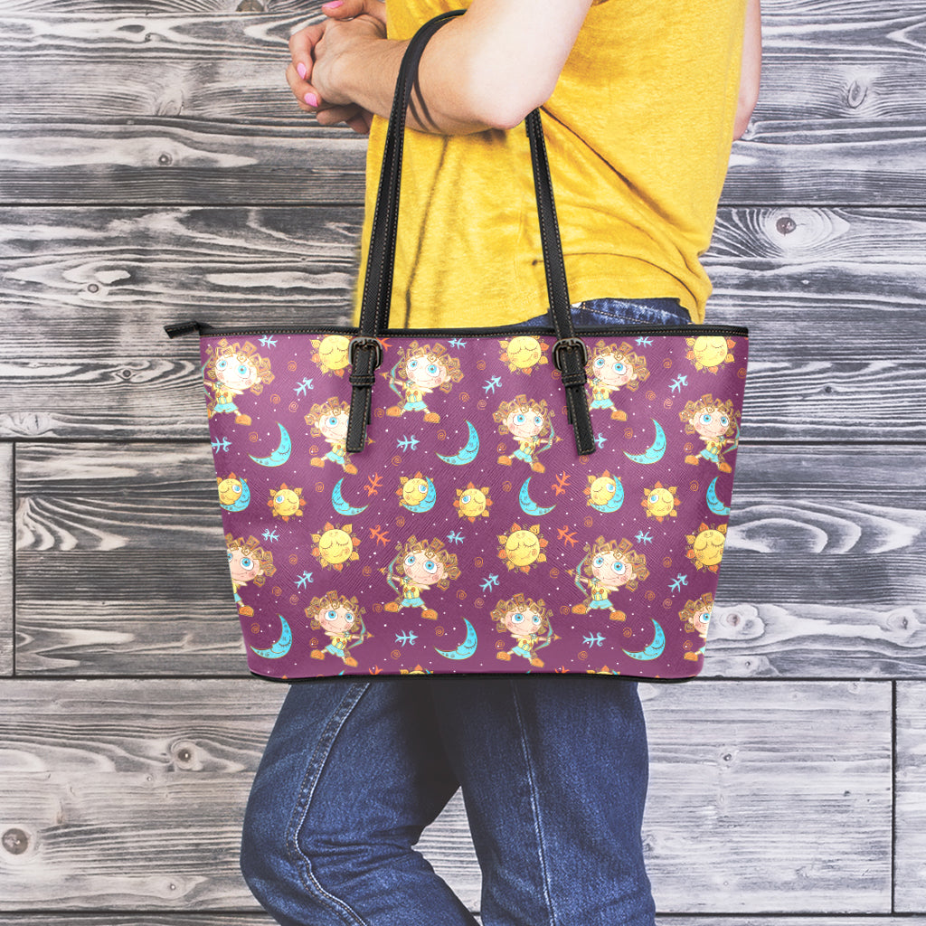 Cute Cartoon Sagittarius Pattern Print Leather Tote Bag