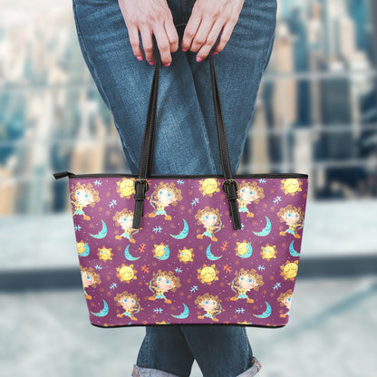 Cute Cartoon Sagittarius Pattern Print Leather Tote Bag