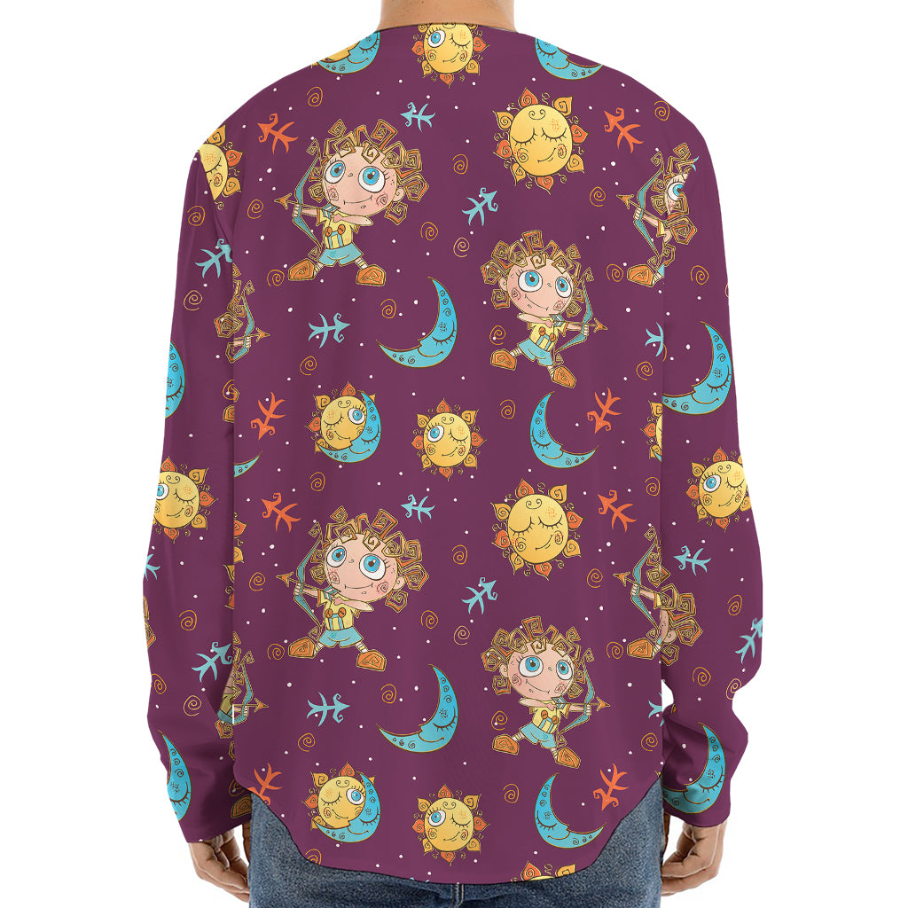 Cute Cartoon Sagittarius Pattern Print Long Sleeve Baseball Jersey