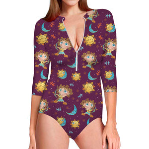 Cute Cartoon Sagittarius Pattern Print Long Sleeve Swimsuit