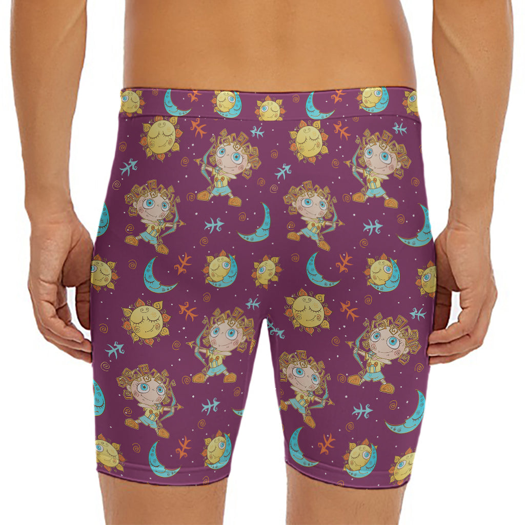Cute Cartoon Sagittarius Pattern Print Men's Long Boxer Briefs