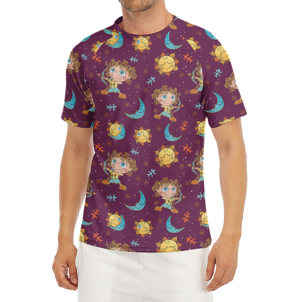 Cute Cartoon Sagittarius Pattern Print Men's Short Sleeve Rash Guard