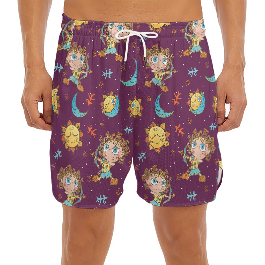 Cute Cartoon Sagittarius Pattern Print Men's Split Running Shorts