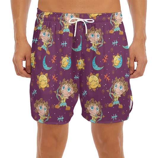 Cute Cartoon Sagittarius Pattern Print Men's Split Running Shorts