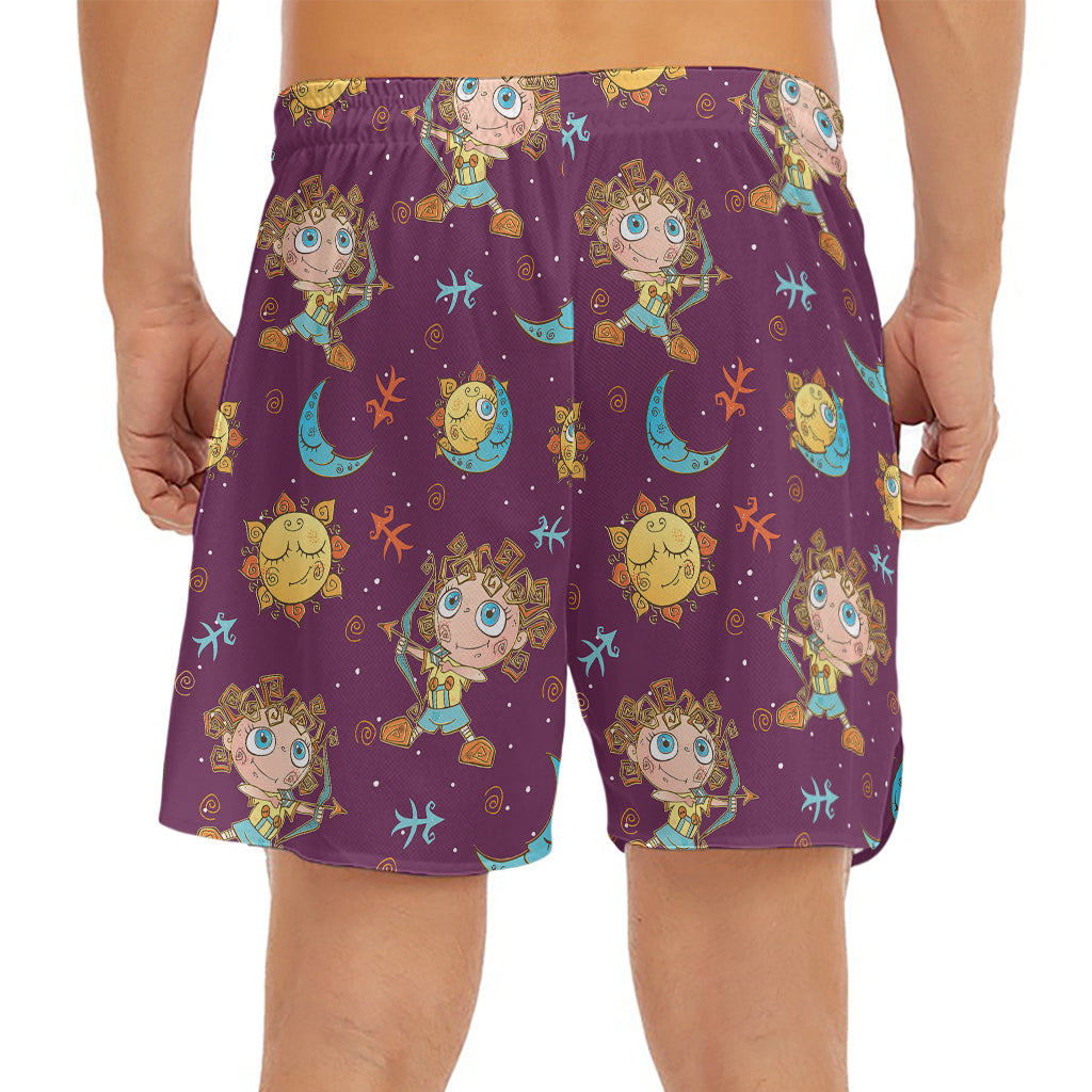 Cute Cartoon Sagittarius Pattern Print Men's Split Running Shorts