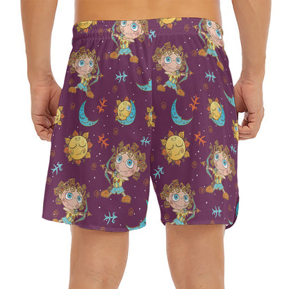 Cute Cartoon Sagittarius Pattern Print Men's Split Running Shorts
