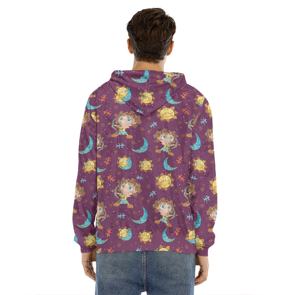 Cute Cartoon Sagittarius Pattern Print Men's Velvet Pullover Hoodie