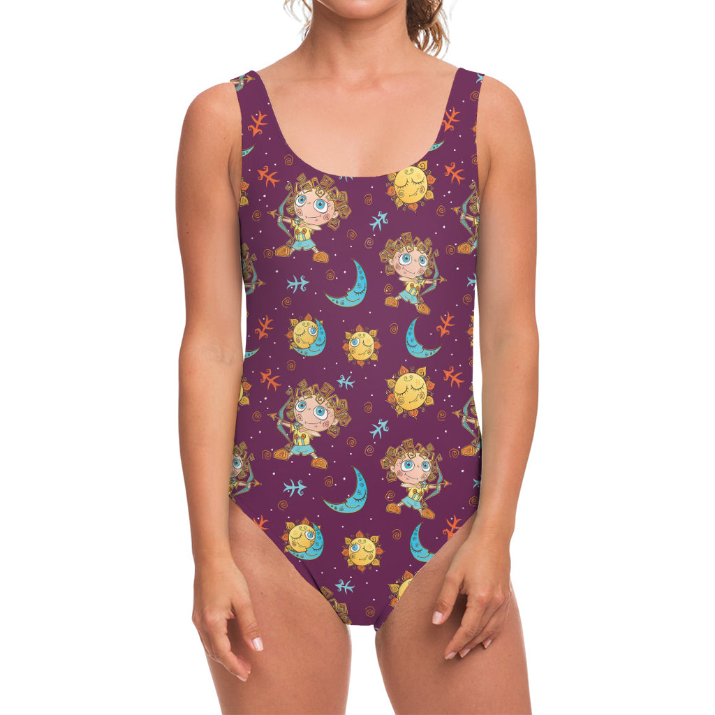 Cute Cartoon Sagittarius Pattern Print One Piece Swimsuit