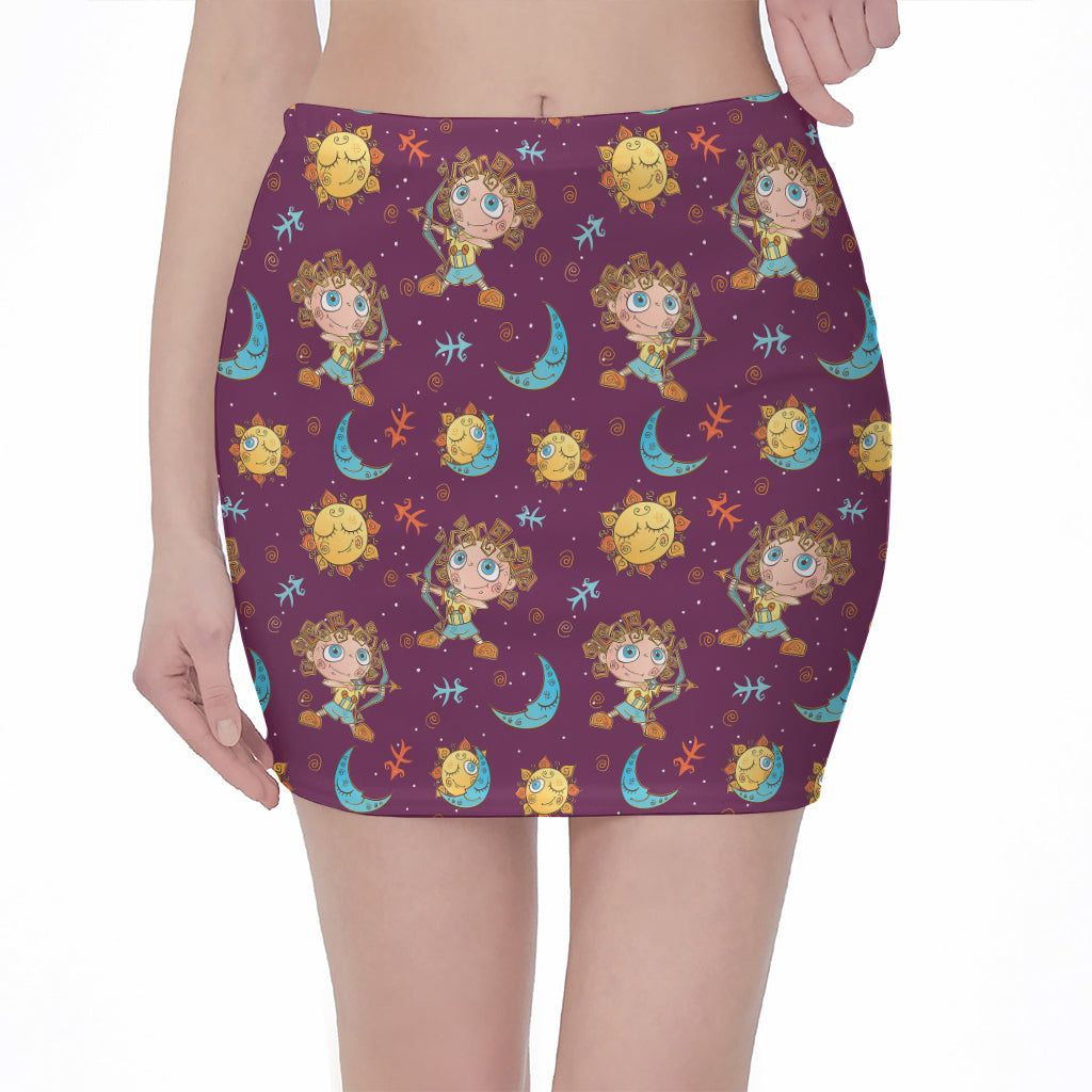 Cute Cartoon Sagittarius Pattern Print Pencil Mini Skirt