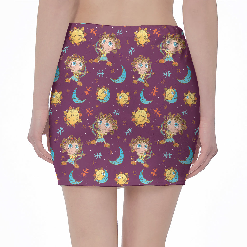 Cute Cartoon Sagittarius Pattern Print Pencil Mini Skirt