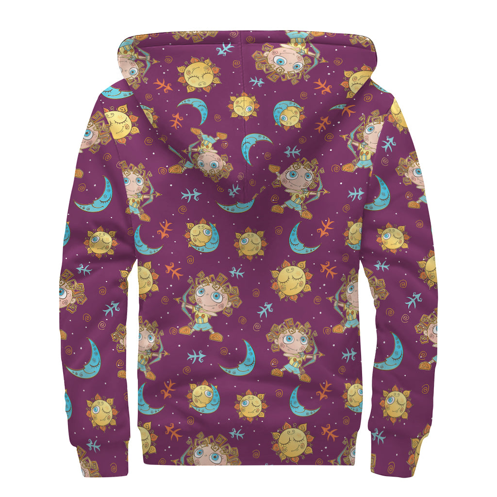Cute Cartoon Sagittarius Pattern Print Sherpa Lined Zip Up Hoodie