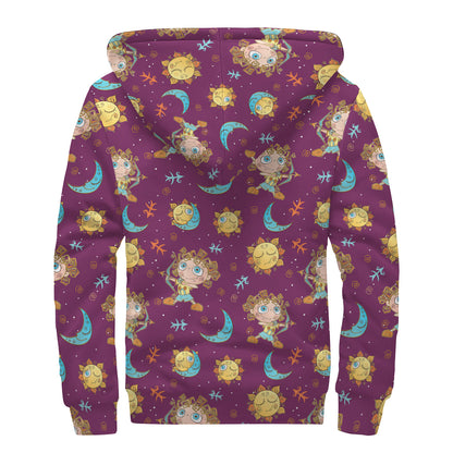 Cute Cartoon Sagittarius Pattern Print Sherpa Lined Zip Up Hoodie