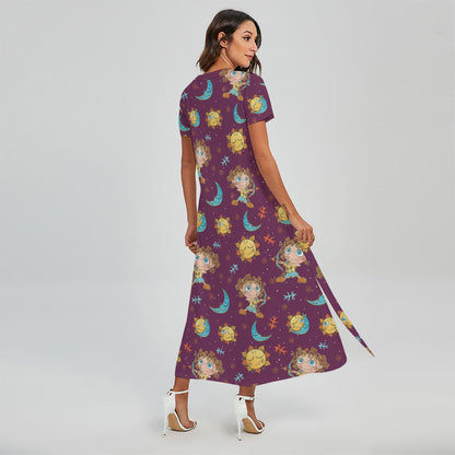 Cute Cartoon Sagittarius Pattern Print Short Sleeve Maxi Dress