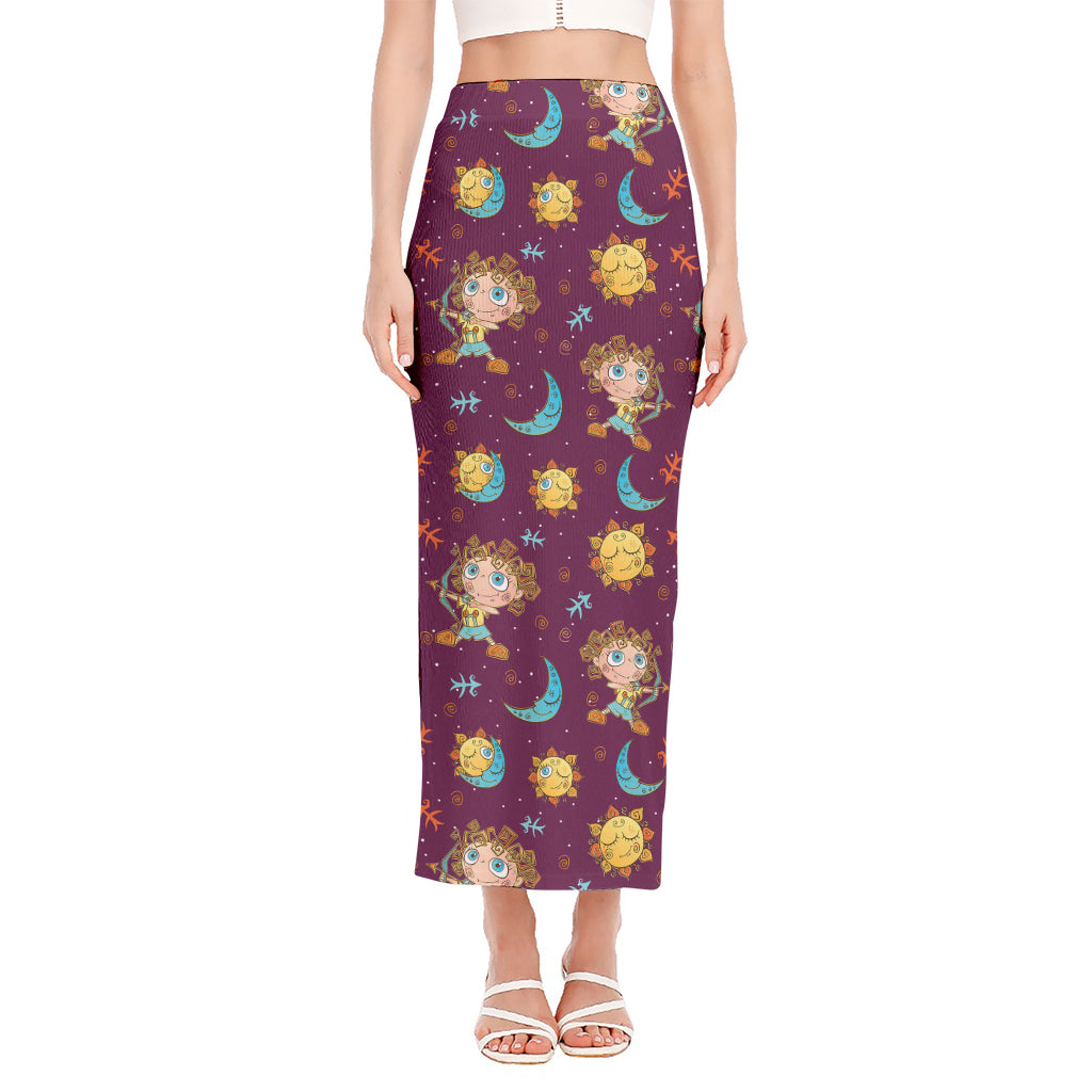 Cute Cartoon Sagittarius Pattern Print Side Slit Maxi Skirt